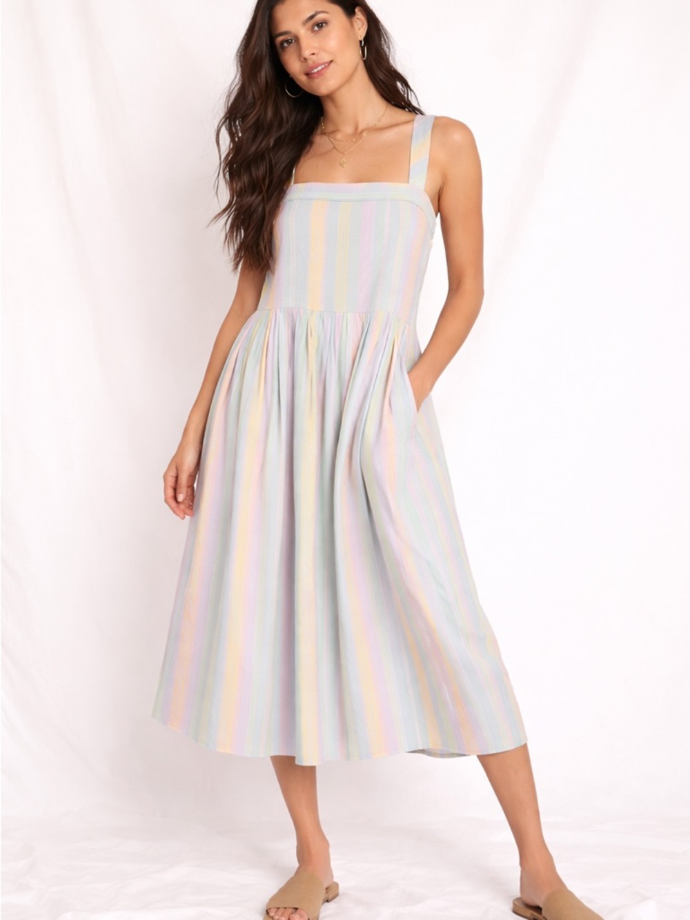 Free People Women Pastel Stripe Smocked Bodice Cotton Midi Dress S NWT